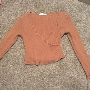 Women's Tan V-Neck Ribbed Wrap Top